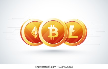 Set of cryptocurrencies with a golden bitcoin on the front as the leader. Bitcoin as most important cryptocurrency concept. Web Banner.