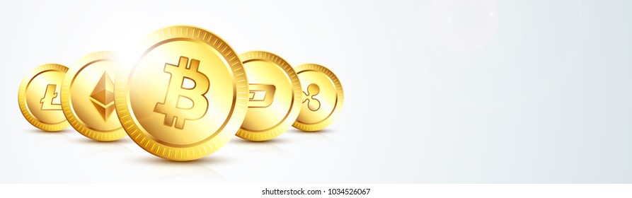 Conjunto de criptomonedas con un bitcoin dorado en el frente como líder. Bitcoin como concepto criptodivisa más importante. Banner web.