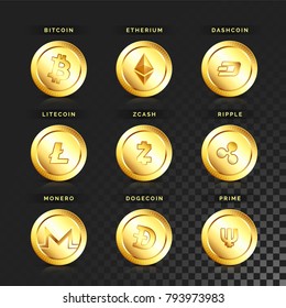 Set of cryptocurrencies in golden coins.