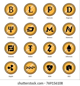 Set of cryptocurrencies line icons: bitcoin, litecoin, primecoin, monero, namecoin, tether, zcash, ethereum, ripple and other. Digital virtual money signs. Internet currency logos and symbols.