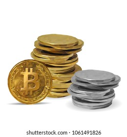 Set of cryptocurrencies with a Silver Ethereum and Gold Bitcoin. Wonderful Gold and Silver Coins. Elements for design. Vector illustration. Coins in triangulation technique. Coins low poly.