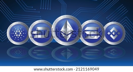 Set of cryptocurrency altcoins ethereum, solana, dashcoin, cardano, and binance coin vector illustration on blue technology background template