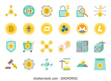 set of cryptocurrency, bitcoin and Altcoins, flat design icon
