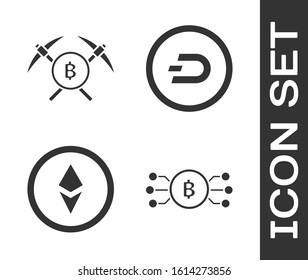 Set Cryptocurrency bitcoin in circle with microchip circuit, Crossed pickaxe, Cryptocurrency coin Ethereum ETH and Cryptocurrency coin Dash icon. Vector