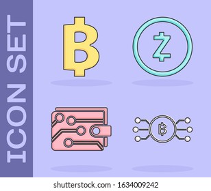 Set Cryptocurrency bitcoin in circle with microchip circuit, Cryptocurrency coin Bitcoin, Cryptocurrency wallet and Cryptocurrency coin Zcash ZEC icon. Vector