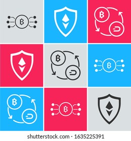Set Cryptocurrency bitcoin in circle with microchip circuit, Shield Ethereum ETH and Cryptocurrency exchange icon. Vector