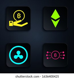 Set Cryptocurrency bitcoin in circle with microchip circuit, Hand holding Bitcoin, Cryptocurrency coin Ripple XRP and Cryptocurrency coin Ethereum ETH. Black square button. Vector