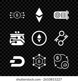 Set Cryptocurrency bitcoin in circle with microchip circuit, Ethereum ETH, Mining farm, Dash, Blockchain technology Bitcoin, exchange, wallet and  icon. Vector