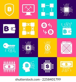 Set Cryptocurrency bitcoin with circuit, ASIC Miner, wallet, Blockchain technology,  and  icon. Vector