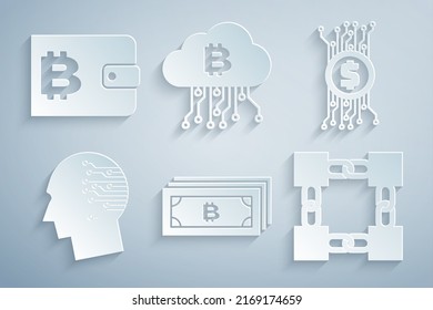 Set Cryptocurrency bitcoin, circuit, Brain as digital board, Blockchain technology, cloud mining and wallet icon. Vector