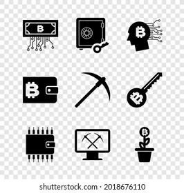 Set Cryptocurrency bitcoin with circuit, Proof of stake, Bitcoin think, wallet, Mining monitor and pickaxe and plant the pot icon. Vector