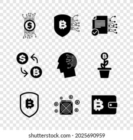 Set Cryptocurrency bitcoin in circuit, Shield with, Smart contract, , ASIC Miner and wallet icon. Vector
