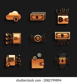 Set Cryptocurrency bitcoin in circuit, wallet, Processor chip with dollar, , Smart contract and Proof of stake icon. Vector