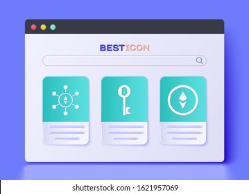 Set Cryptocurrency Bitcoin key, Blockchain technology Ethereum ETH and Cryptocurrency coin Ethereum ETH icon. Vector