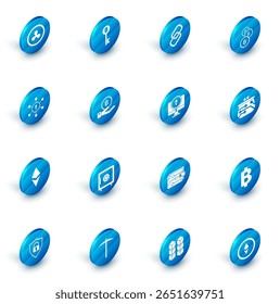 Definir Criptomoeda Bitcoin chave, Cadeia link, tecnologia Blockchain Ethereum ETH, Mão segurando, carteira e ícone de Monitor. Vetor
