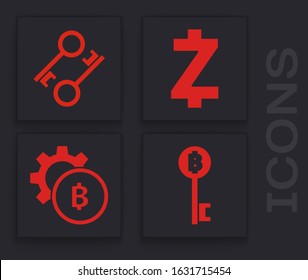 Set Cryptocurrency Bitcoin key, Cryptocurrency key, Cryptocurrency coin Zcash ZEC and Cryptocurrency coin Bitcoin icon. Vector