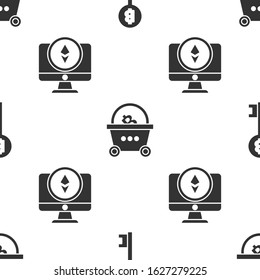 Set Cryptocurrency Bitcoin key, Shopping basket with bitcoin and Monitor and Cryptocurrency coin Ethereum ETH on seamless pattern. Vector