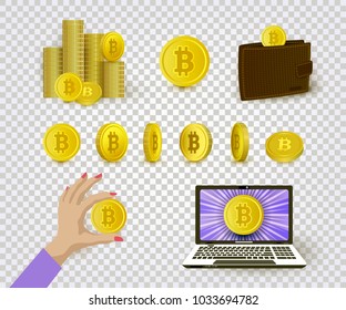 Set of cryptocurrency and bitcoin symbols - stack of coins, wallet and open laptop, flat vector illustration isolated on transparent background. Bitcoin, cryptocurrency business concept set