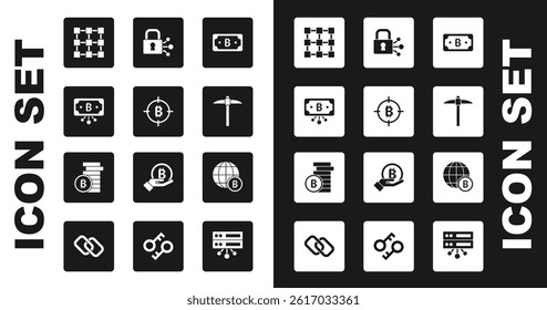 Set Cryptocurrency bitcoin, Bitcoin the target, with circuit, Blockchain technology, Pickaxe, Lock, Globe and  icon. Vector