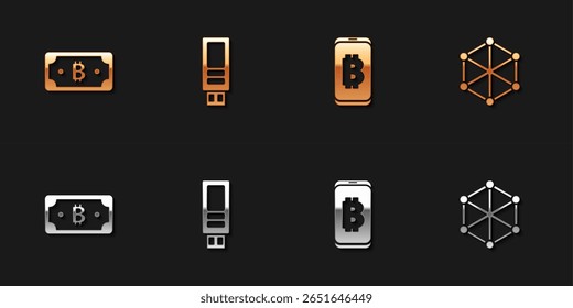 Set Cryptocurrency bitcoin, USB flash drive, Mining from mobile and Blockchain technology icon. Vector