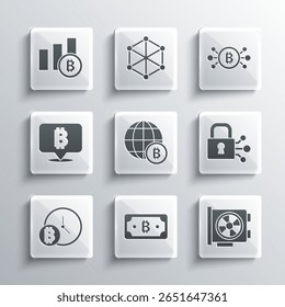 Definir Bitcoin criptomoeda, placa gráfica de vídeo, Bloquear com, Bitcoin Globo, relógio, gráfico de pizza infográfico e ícone de circuito. Vetor