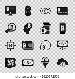 Set Cryptocurrency cloud mining, Bitcoin with circuit, Mining bitcoin from mobile, think, Hand holding, monitor and  icon. Vector