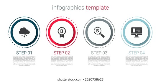 Set Cryptocurrency cloud mining, Bitcoin, Magnifying glass with and Mining bitcoin from monitor. Business infographic template. Vector