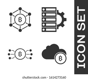 Set Cryptocurrency cloud mining, Blockchain technology Bitcoin, Cryptocurrency bitcoin in circle with microchip circuit and Server and gear icon. Vector