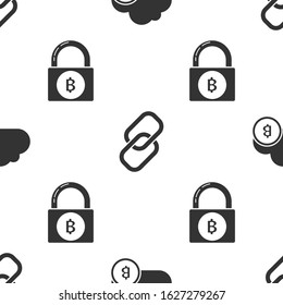 Set Cryptocurrency cloud mining, Chain link and Lock with bitcoin on seamless pattern. Vector