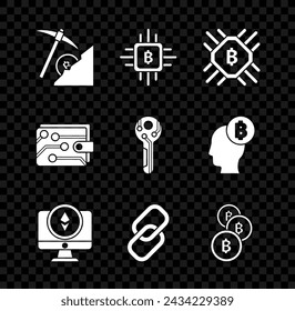 Set Cryptocurrency cloud mining, CPU farm, Monitor and coin Ethereum ETH, Chain link, Bitcoin, wallet and key icon. Vector