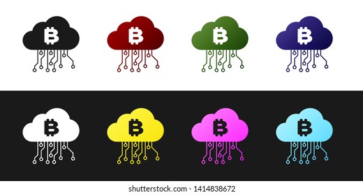 Set Cryptocurrency cloud mining icon isolated on black and white background. Blockchain technology, bitcoin, digital money market, cryptocoin wallet. Vector Illustration