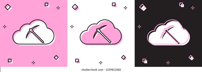 Set Cryptocurrency cloud mining icon isolated on pink and white, black background. Cloud with pickaxe, bitcoin, digital money market, cryptocoin wallet.  Vector Illustration
