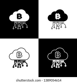 Set Cryptocurrency cloud mining icons on black and white background. Blockchain technology, bitcoin, digital money market, cryptocoin wallet. Line, outline and linear icon. Vector Illustration