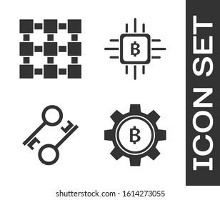 Set Cryptocurrency coin Bitcoin, Blockchain technology, Cryptocurrency key and CPU mining farm icon. Vector