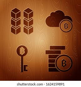 Set Cryptocurrency coin Bitcoin, Blockchain technology, Cryptocurrency Bitcoin key and Cryptocurrency cloud mining on wooden background. Vector