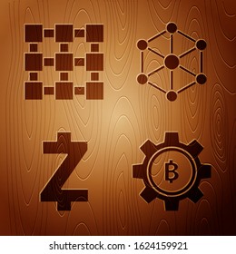 Set Cryptocurrency coin Bitcoin, Blockchain technology, Cryptocurrency coin Zcash ZEC and Blockchain technology on wooden background. Vector