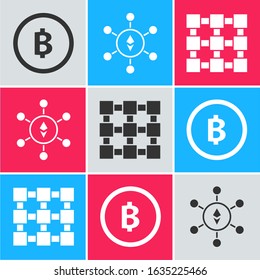 Set Cryptocurrency coin Bitcoin, Blockchain technology Ethereum ETH and Blockchain technology icon. Vector