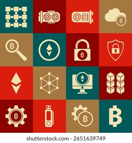 Definir criptomoeda moeda Bitcoin, tecnologia Blockchain, Escudo de segurança com, Fazenda de mineração, Ethereum ETH, Lupa, e Bloquear ícone de bitcoin. Vetor