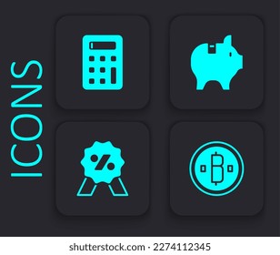 Set Cryptocurrency coin Bitcoin, Calculator, Piggy bank and Discount percent tag icon. Black square button. Vector