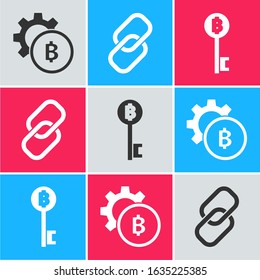 Set Cryptocurrency coin Bitcoin, Chain link and Cryptocurrency Bitcoin key icon. Vector