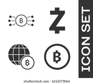 Set Cryptocurrency coin Bitcoin, Cryptocurrency bitcoin in circle with microchip circuit, Globe and cryptocurrency coin Bitcoin and Cryptocurrency coin Zcash ZEC icon. Vector