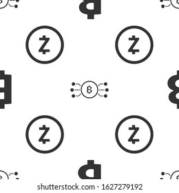 Set Cryptocurrency coin Bitcoin, Cryptocurrency bitcoin in circle with microchip circuit and Cryptocurrency coin Zcash ZEC on seamless pattern. Vector