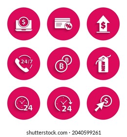Set Cryptocurrency coin Bitcoin, Clock 24 hours, Cursor and, Price tag with New, Telephone support, Financial growth and Laptop dollar icon. Vector