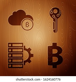 Set Cryptocurrency coin Bitcoin, Cryptocurrency cloud mining, Server and gear and Cryptocurrency key on wooden background. Vector