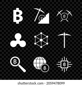 Set Cryptocurrency coin Bitcoin, cloud mining, Crossed pickaxe, Magnifying glass with, Globe and cryptocurrency, CPU farm, Ripple XRP and Blockchain technology icon. Vector