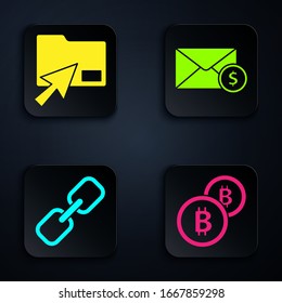 Set Cryptocurrency coin Bitcoin, Cursor click document folder, Chain link and Envelope with coin dollar. Black square button. Vector