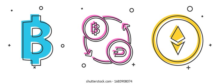 Set Cryptocurrency coin Bitcoin, Cryptocurrency exchange and Cryptocurrency coin Ethereum ETH icon. Vector