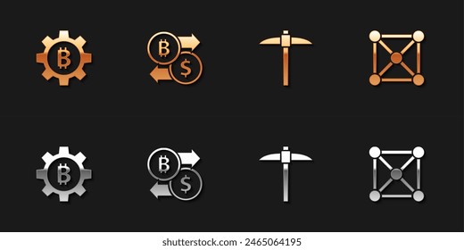 Set Cryptocurrency coin Bitcoin, exchange, Pickaxe and Blockchain technology icon. Vector