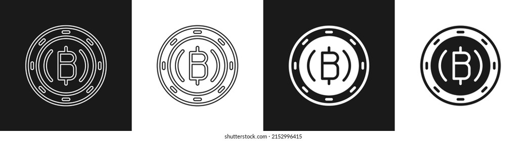 Legen Sie die Kryptowährung-Münze Bitcoin-Symbol einzeln auf schwarz-weißem Hintergrund. Physikalische Bitmünze. Blockchain-basierte sichere Kryptowährung.  Vektorgrafik