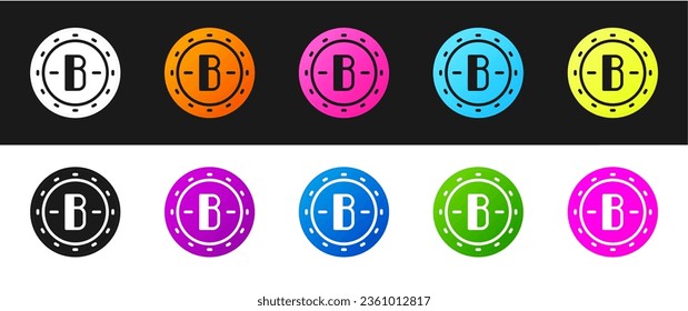 Set Cryptocurrency coin Bitcoin icon isolated on black and white background. Physical bit coin. Blockchain based secure crypto currency.  Vector